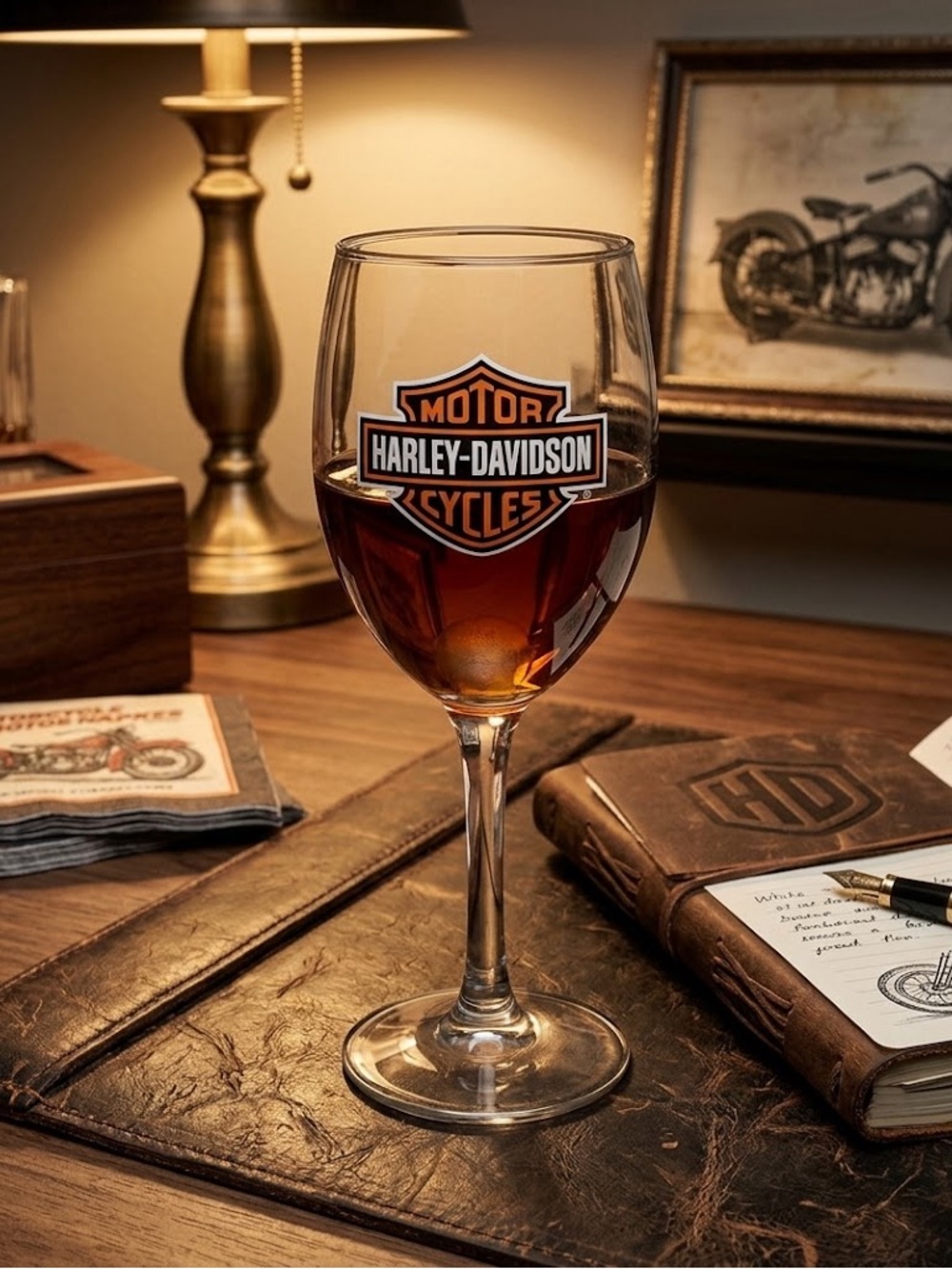 Vintage Harley Davidson Wine Glass 8oz Bar & Shield Logo Barware Collectible